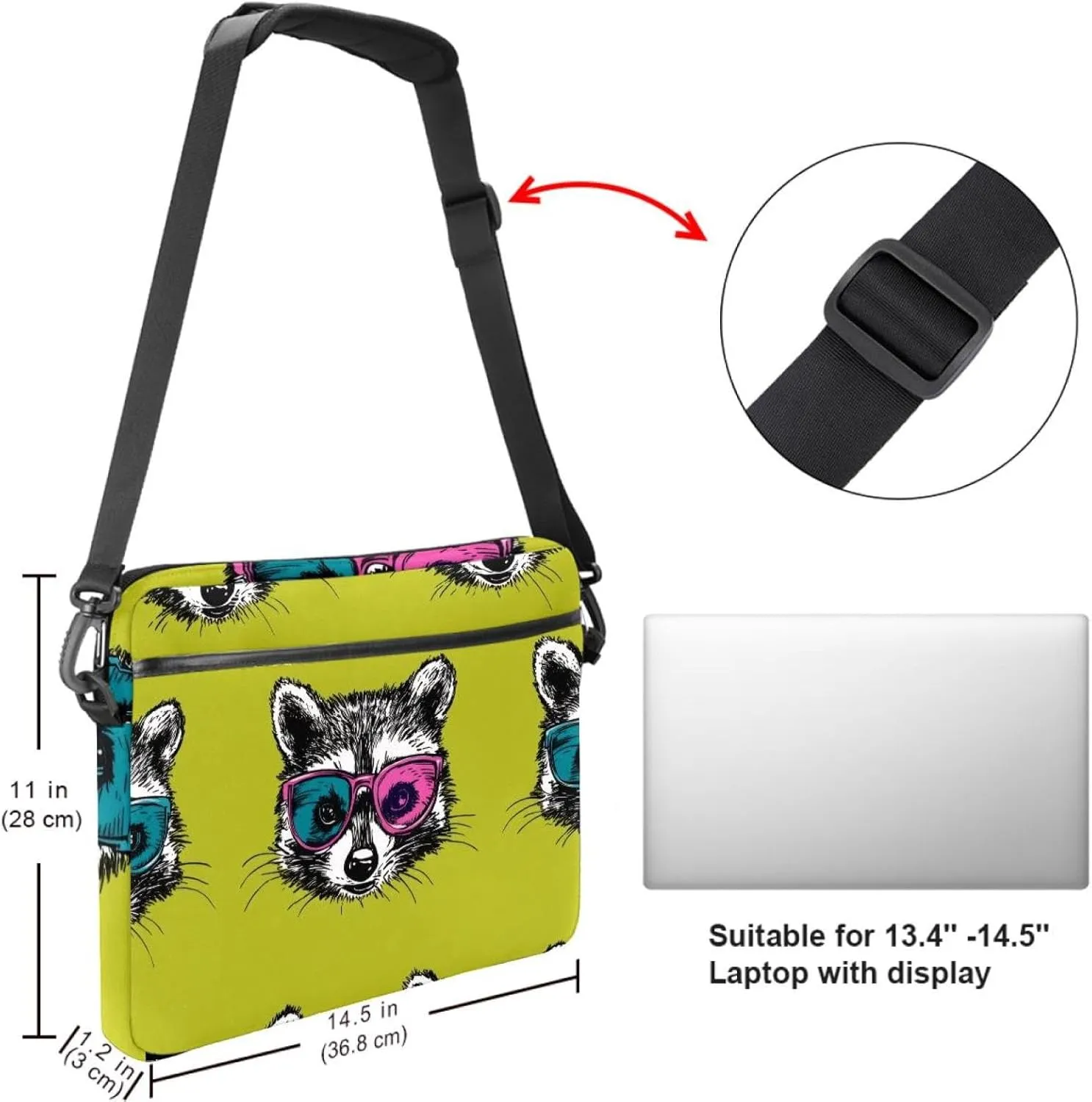 Protective Laptop Shoulder Messenger Bag Heads of Cute Raccoons in Colored Glasses Briefcase Carrying Case Sleeve