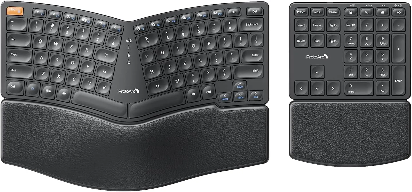 ProtoArc Wireless Ergonomic Keyboard, EK04 2.4GHz Wireless Ergo Keyboard with Separate Numeric Keypad, Split Design, Wrist Rest, Rechargeable, for Windows, Desktop, PC, Laptop