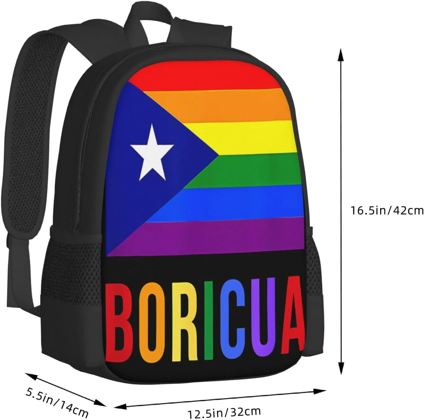 Puerto Rico Boricua Gay Pride LGBT Rainbow Flag Casual Backpacks Large Capacity Backpack Laptop Rucksack Sport Daypack Commuter Bags with Adjustable Strap for Traveling Camping
