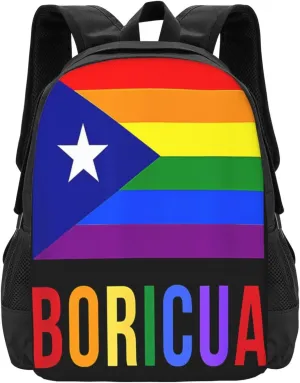 Puerto Rico Boricua Gay Pride LGBT Rainbow Flag Casual Backpacks Large Capacity Backpack Laptop Rucksack Sport Daypack Commuter Bags with Adjustable Strap for Traveling Camping
