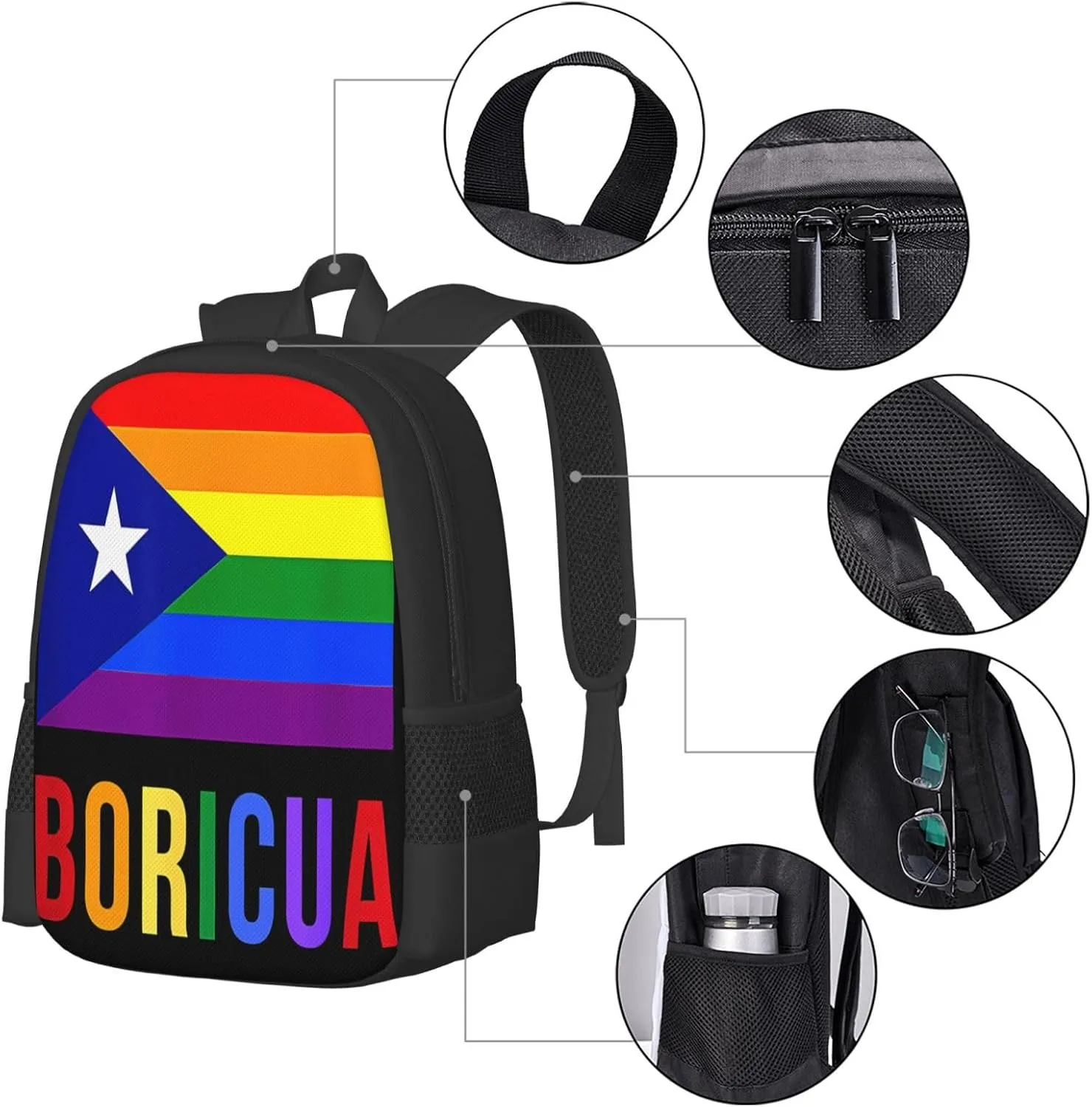 Puerto Rico Boricua Gay Pride LGBT Rainbow Flag Casual Backpacks Large Capacity Backpack Laptop Rucksack Sport Daypack Commuter Bags with Adjustable Strap for Traveling Camping