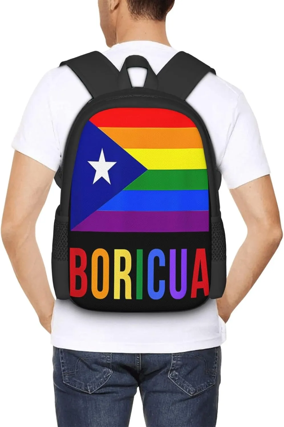 Puerto Rico Boricua Gay Pride LGBT Rainbow Flag Casual Backpacks Large Capacity Backpack Laptop Rucksack Sport Daypack Commuter Bags with Adjustable Strap for Traveling Camping