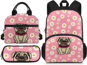 Pug Backpack for Kids 5-7 3 Pcs Toddler Backpack Daycare Bag Features Adjustable Shoulder Straps 2 Side Mesh Breathable Pockets & Spacious Interior School Travel