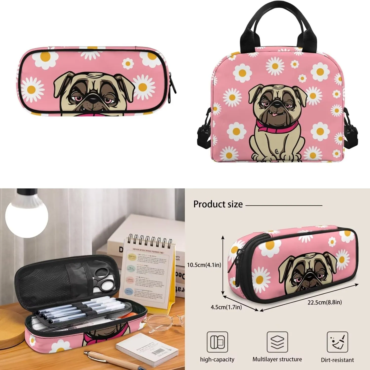 Pug Backpack for Kids 5-7 3 Pcs Toddler Backpack Daycare Bag Features Adjustable Shoulder Straps 2 Side Mesh Breathable Pockets & Spacious Interior School Travel