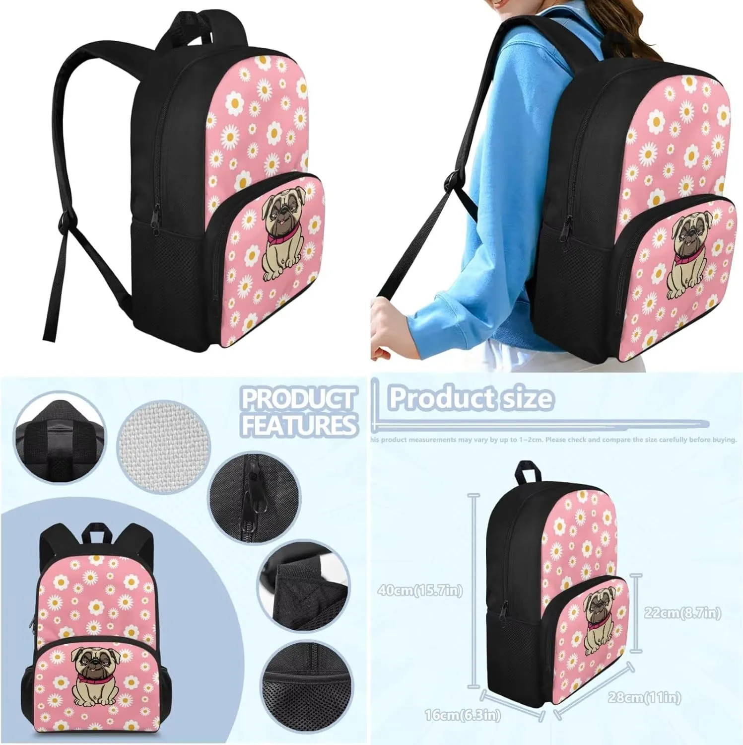 Pug Backpack for Kids 5-7 3 Pcs Toddler Backpack Daycare Bag Features Adjustable Shoulder Straps 2 Side Mesh Breathable Pockets & Spacious Interior School Travel