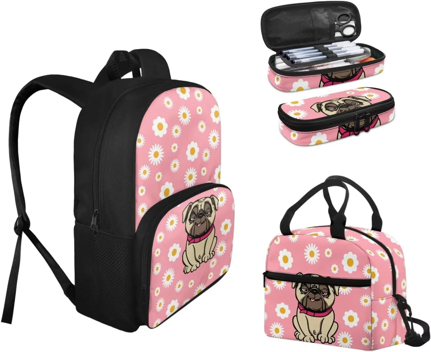 Pug Backpack for Kids 5-7 3 Pcs Toddler Backpack Daycare Bag Features Adjustable Shoulder Straps 2 Side Mesh Breathable Pockets & Spacious Interior School Travel