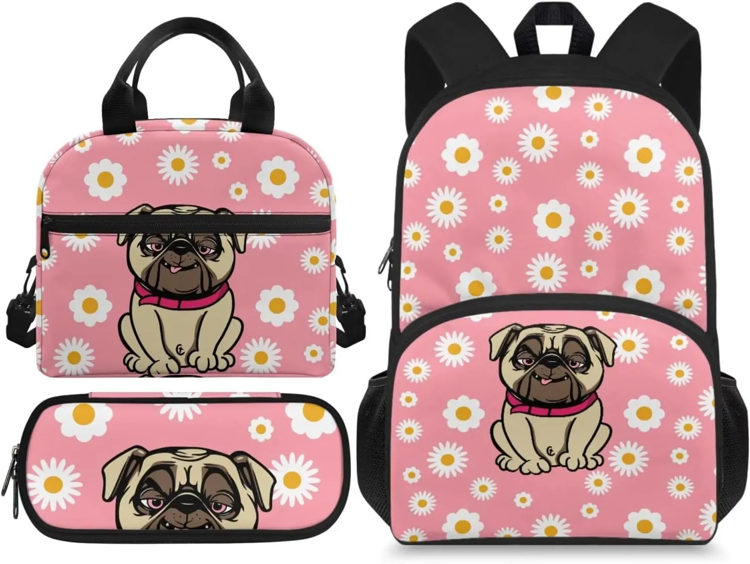 Pug Backpack for Kids 5-7 3 Pcs Toddler Backpack Daycare Bag Features Adjustable Shoulder Straps 2 Side Mesh Breathable Pockets & Spacious Interior School Travel
