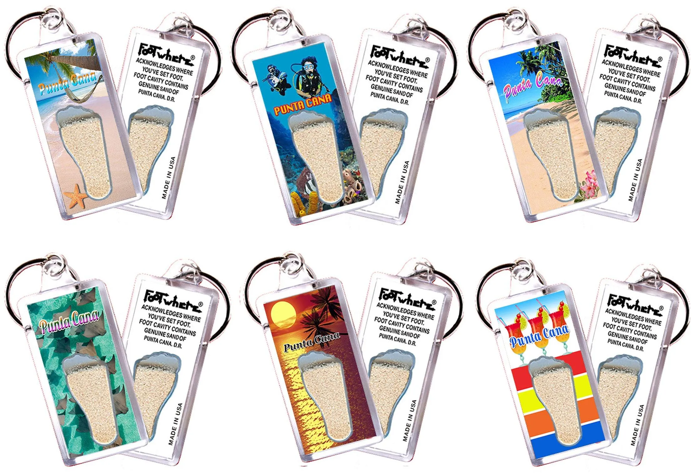 Punta Cana FootWhere® Souvenir Keychains. 6 Piece Set. Made in USA