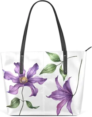Purple Morning Glory Tote Bag for Women Leather Shoulder Handbag with Zipper and Pockets Fashion Casual Handle Bag Purse for Travel Beach Working Laptop School Gym Shopping