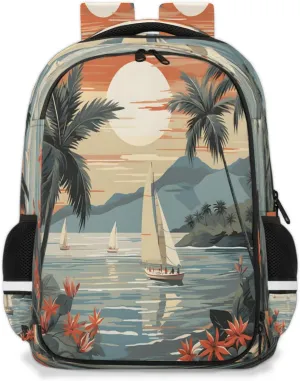 QsirBC Island Sailing Coconut Tree Multi Compartment Backpack with Reflective Strips Adjustable Padded Straps Large Capacity Waterproof Duffel Bag for Men Women Work and Daily Use