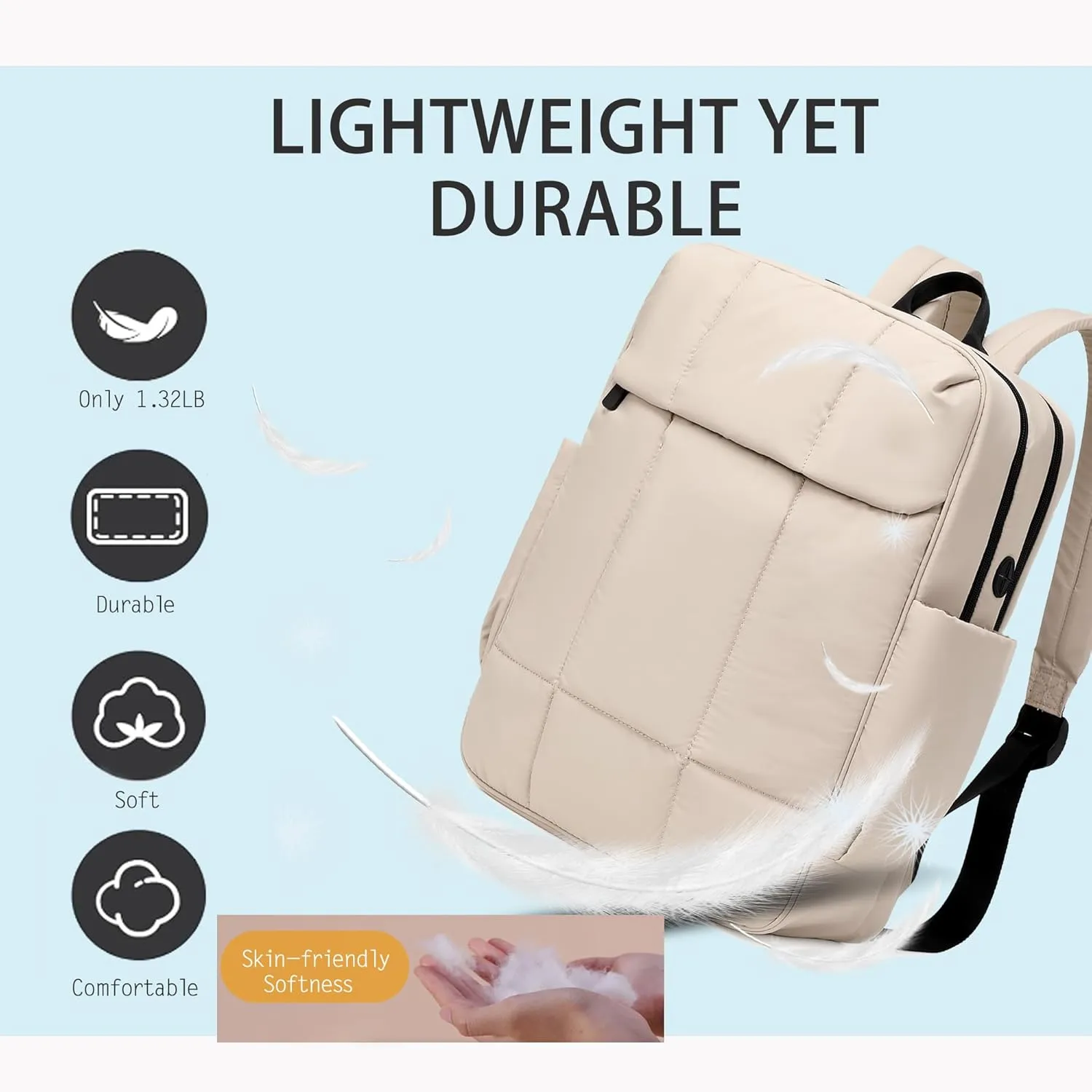 Quilted Laptop Backpack 15.6 Inch with USB Charging Hole,Lightweight Puffer Padding Travel Backpack for Women,Anti Theft College Bookbag,Large Capacity Computer Work Bag Daypack Business,Khaki