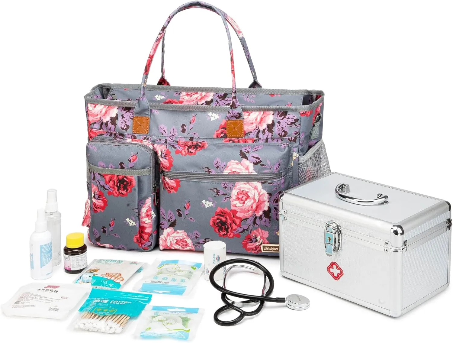 Rabjen Nurse Tote Bag for Work with Padded 15.6” Laptop Sleeve, Medical Supplies Shoulder Bag for Home Health Care