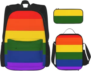 Rainbow Flag Print Versatile Adjustable Shoulder Fashion Backpack Lunch Bag Pencil Case Large Capacity