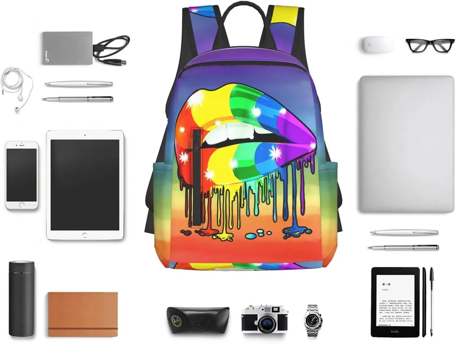 Rainbow Lip Drip Lesbian Gay Pride Bisexual Travel Laptop Backpack Casual Backpacks Double Shoulder Daypack Notebook Rucksack Work Bags Sports Bag for Gym Hiking Camping Beach
