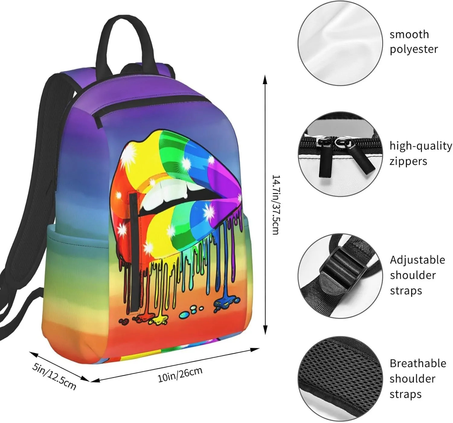 Rainbow Lip Drip Lesbian Gay Pride Bisexual Travel Laptop Backpack Casual Backpacks Double Shoulder Daypack Notebook Rucksack Work Bags Sports Bag for Gym Hiking Camping Beach