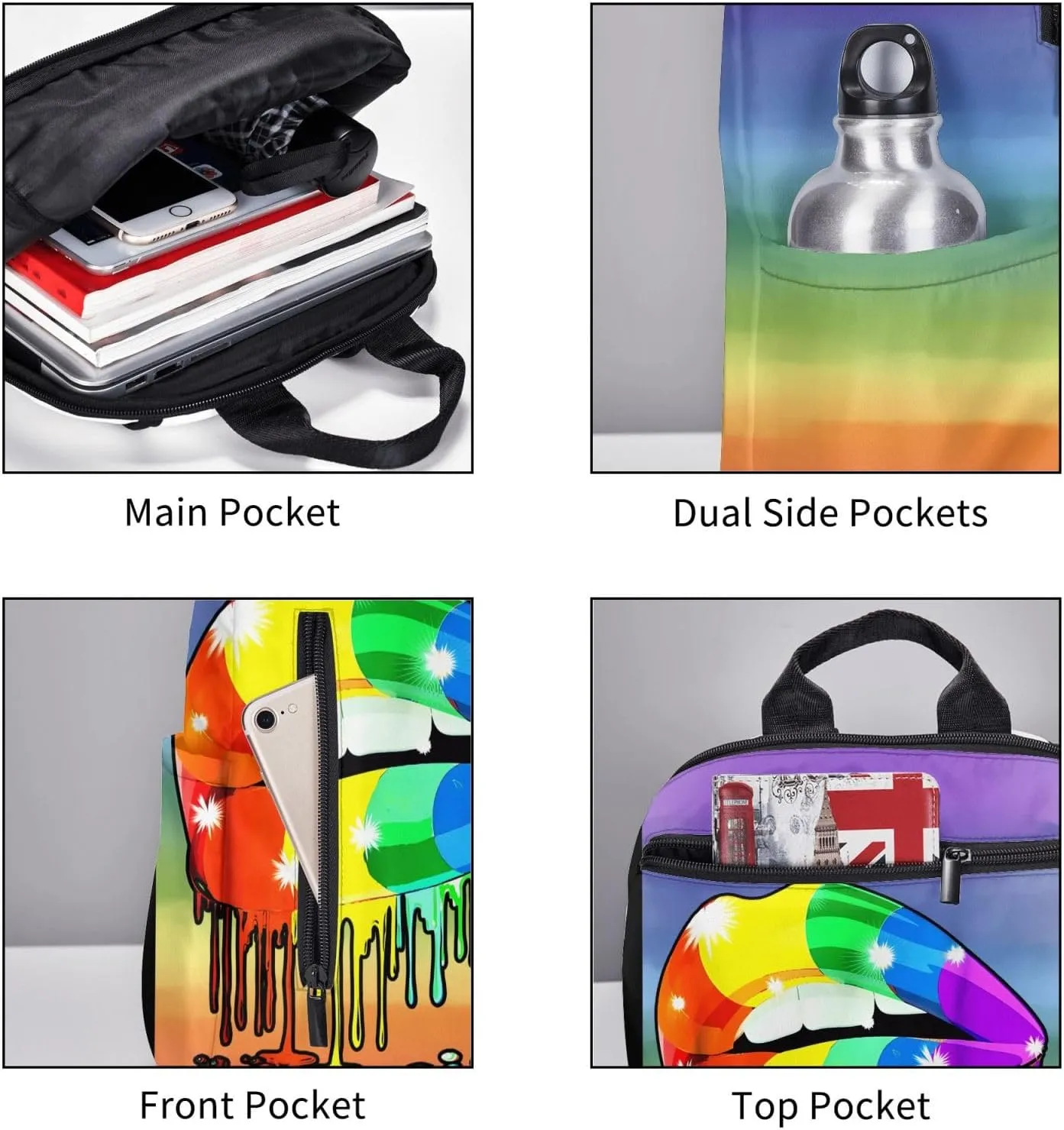 Rainbow Lip Drip Lesbian Gay Pride Bisexual Travel Laptop Backpack Casual Backpacks Double Shoulder Daypack Notebook Rucksack Work Bags Sports Bag for Gym Hiking Camping Beach