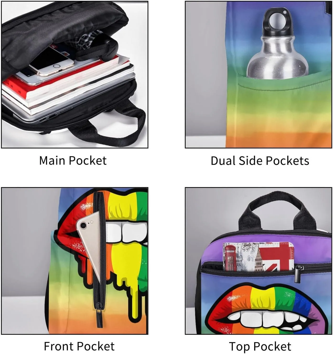 Rainbow Lip Drip Lesbian Gay Pride Bisexual Travel Laptop Backpack Casual Backpacks Double Shoulder Daypack Notebook Rucksack Work Bags Sports Bag for Gym Hiking Camping Beach