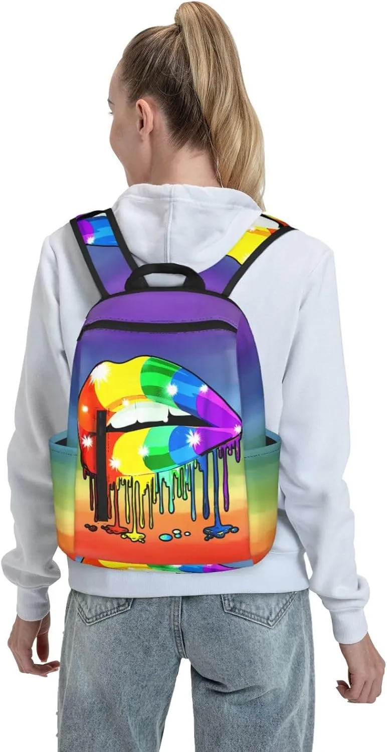 Rainbow Lip Drip Lesbian Gay Pride Bisexual Travel Laptop Backpack Casual Backpacks Double Shoulder Daypack Notebook Rucksack Work Bags Sports Bag for Gym Hiking Camping Beach