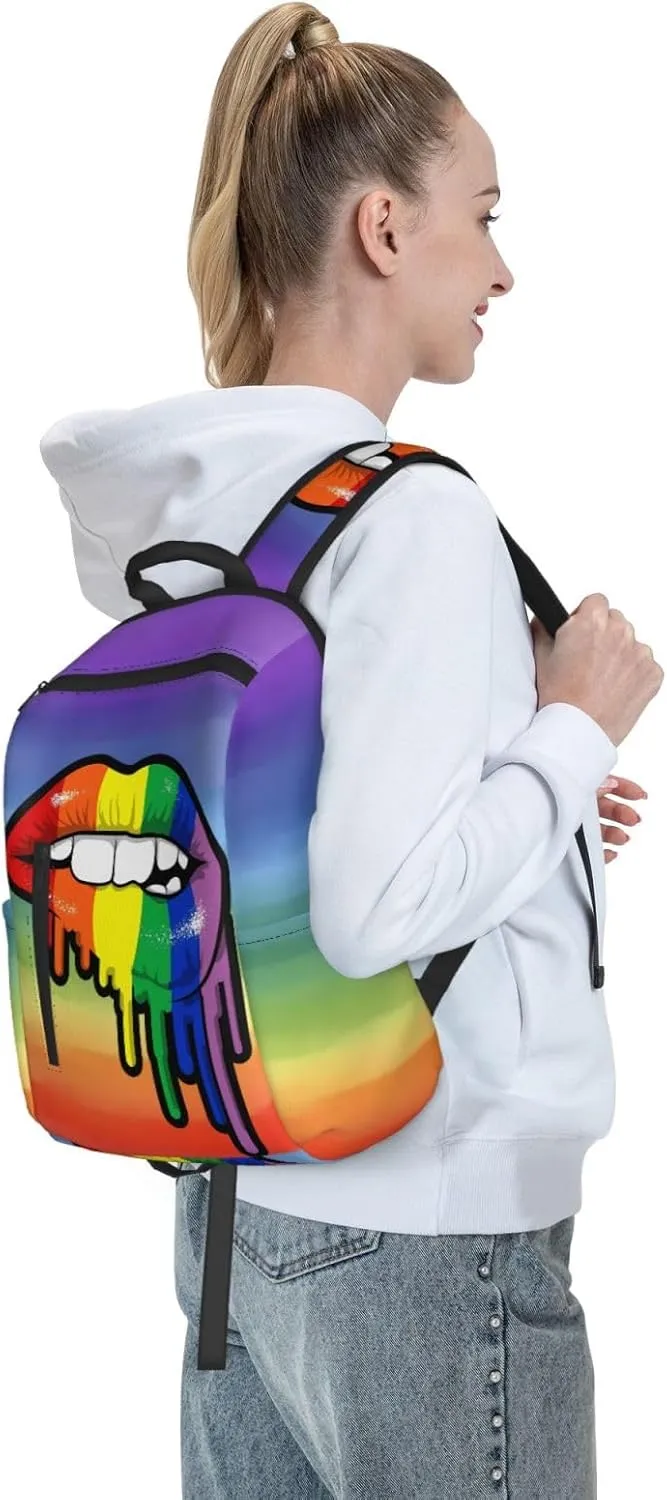 Rainbow Lip Drip Lesbian Gay Pride Bisexual Travel Laptop Backpack Casual Backpacks Double Shoulder Daypack Notebook Rucksack Work Bags Sports Bag for Gym Hiking Camping Beach