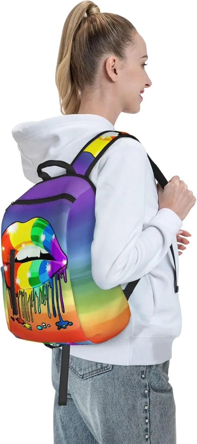 Rainbow Lip Drip Lesbian Gay Pride Bisexual Travel Laptop Backpack Casual Backpacks Double Shoulder Daypack Notebook Rucksack Work Bags Sports Bag for Gym Hiking Camping Beach