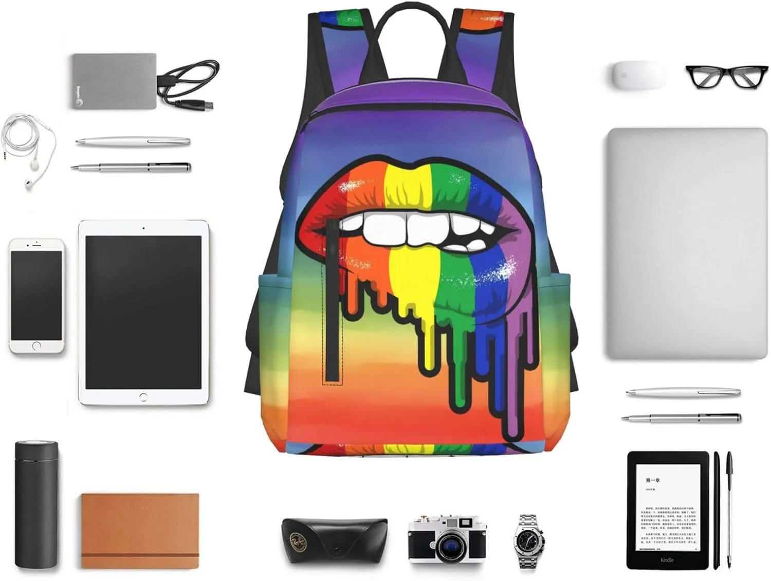 Rainbow Lip Drip Lesbian Gay Pride Bisexual Travel Laptop Backpack Casual Backpacks Double Shoulder Daypack Notebook Rucksack Work Bags Sports Bag for Gym Hiking Camping Beach