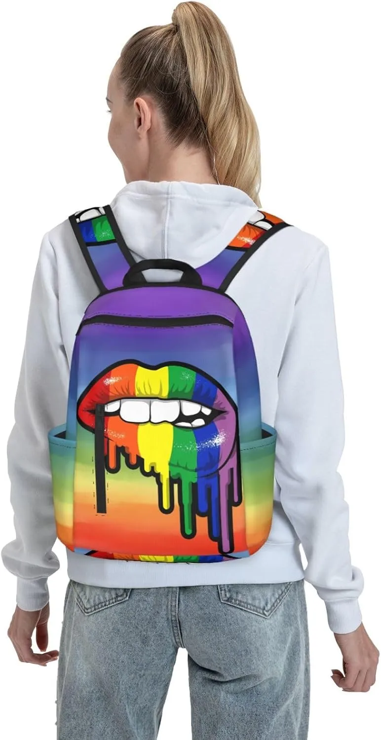 Rainbow Lip Drip Lesbian Gay Pride Bisexual Travel Laptop Backpack Casual Backpacks Double Shoulder Daypack Notebook Rucksack Work Bags Sports Bag for Gym Hiking Camping Beach
