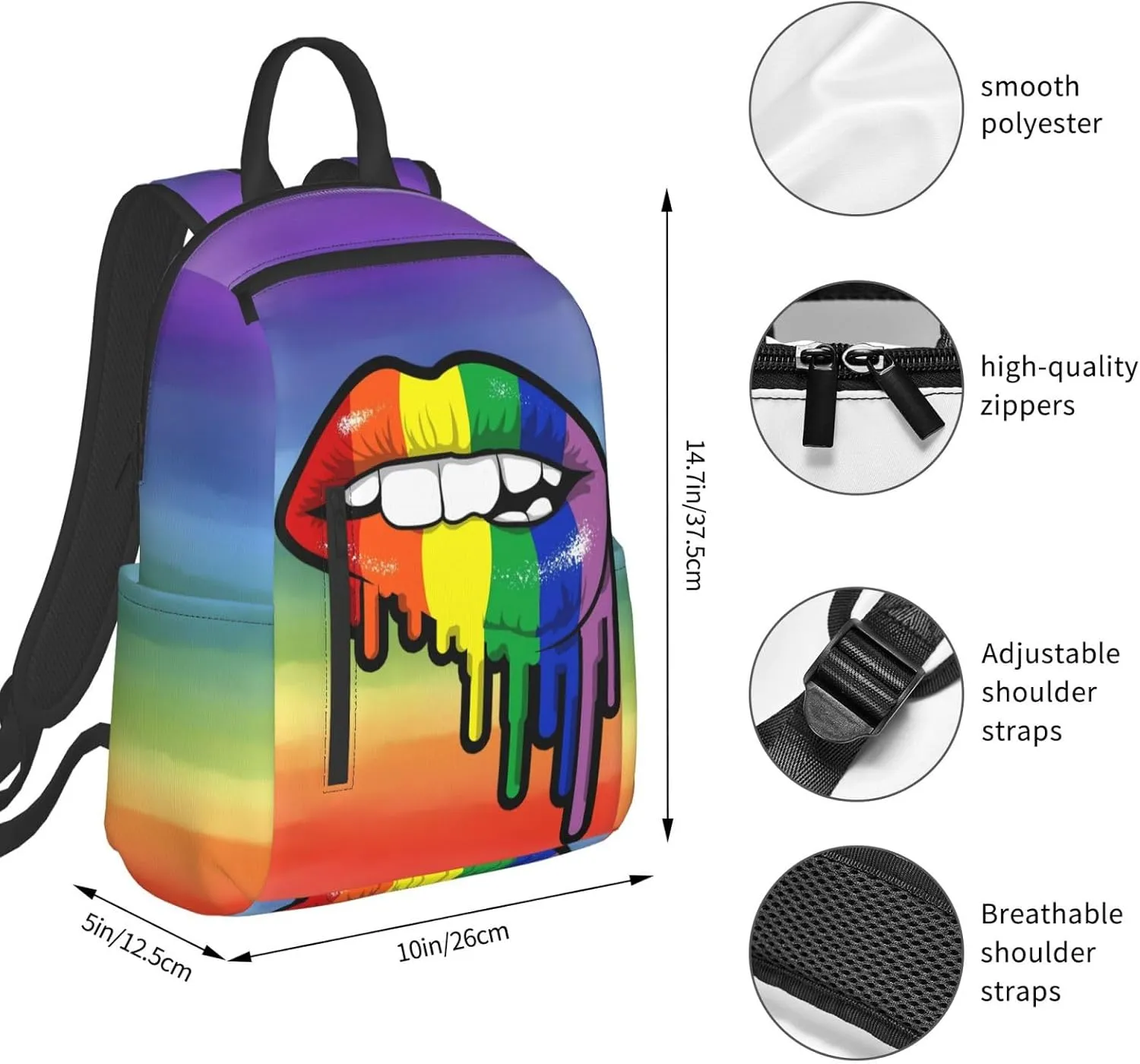 Rainbow Lip Drip Lesbian Gay Pride Bisexual Travel Laptop Backpack Casual Backpacks Double Shoulder Daypack Notebook Rucksack Work Bags Sports Bag for Gym Hiking Camping Beach