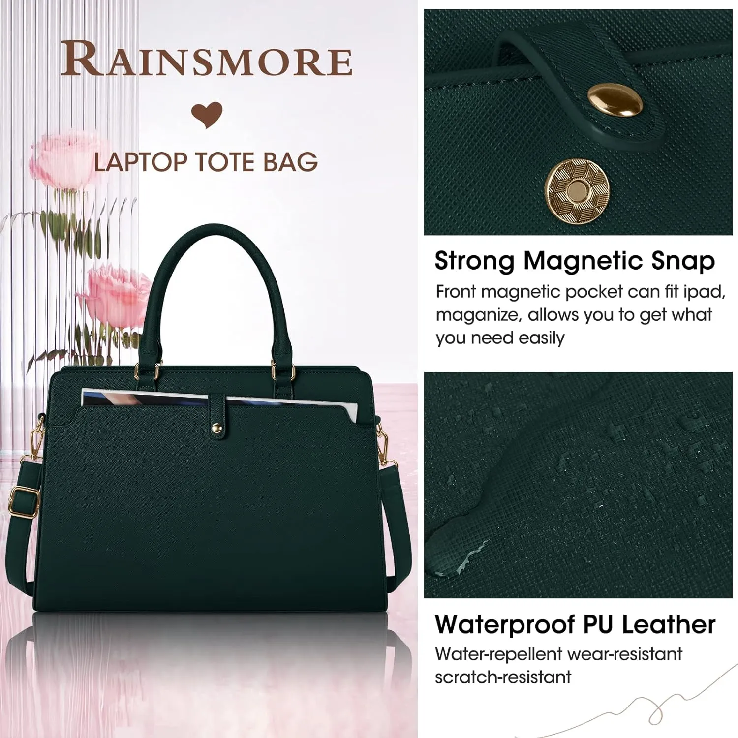 RAINSMORE Laptop Bag for Women 15.6 Inch Laptop Tote Bag Leather Work Bag Waterproof Womens Briefcase Business Office Computer Tote Bag Large Capacity Handbag Shoulder Bag Green