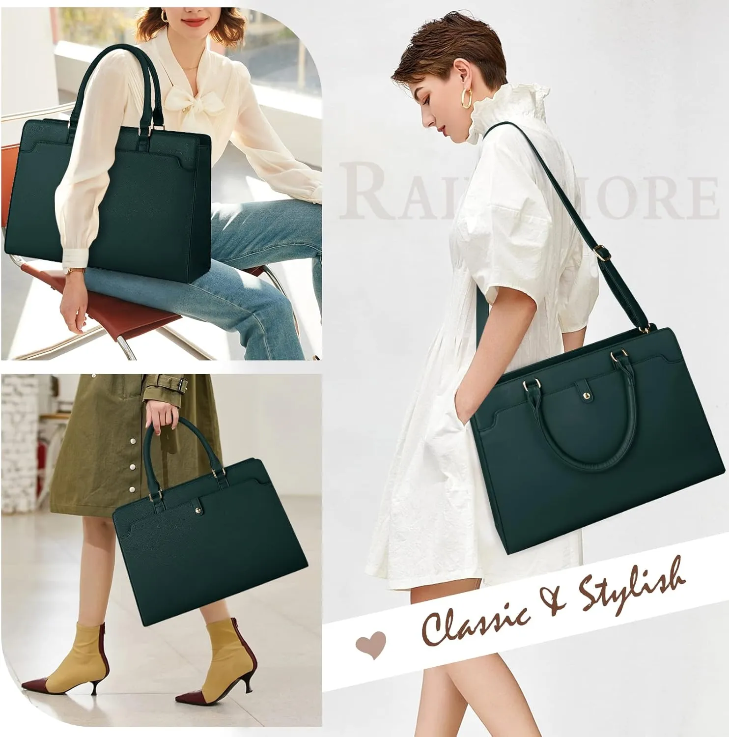 RAINSMORE Laptop Bag for Women 15.6 Inch Laptop Tote Bag Leather Work Bag Waterproof Womens Briefcase Business Office Computer Tote Bag Large Capacity Handbag Shoulder Bag Green