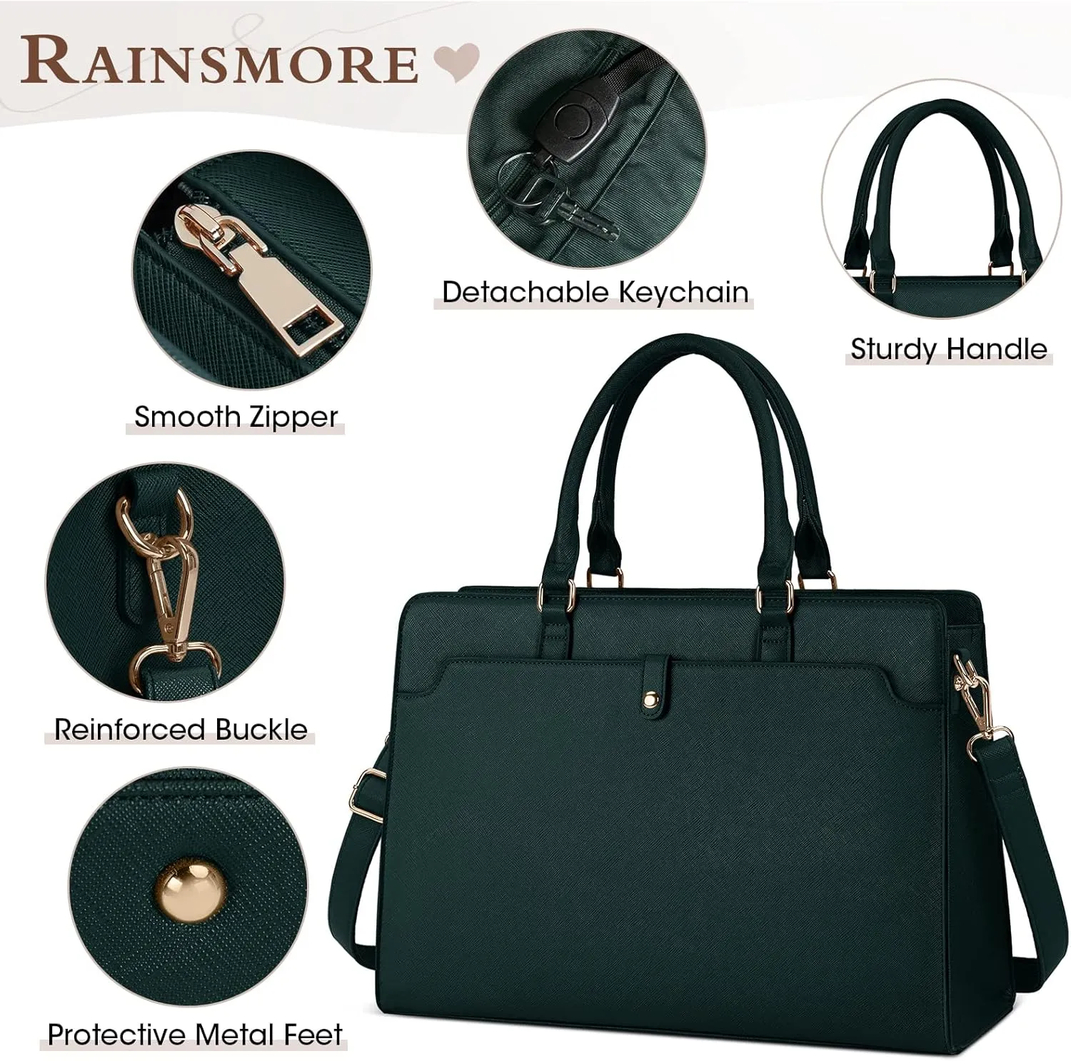 RAINSMORE Laptop Bag for Women 15.6 Inch Laptop Tote Bag Leather Work Bag Waterproof Womens Briefcase Business Office Computer Tote Bag Large Capacity Handbag Shoulder Bag Green