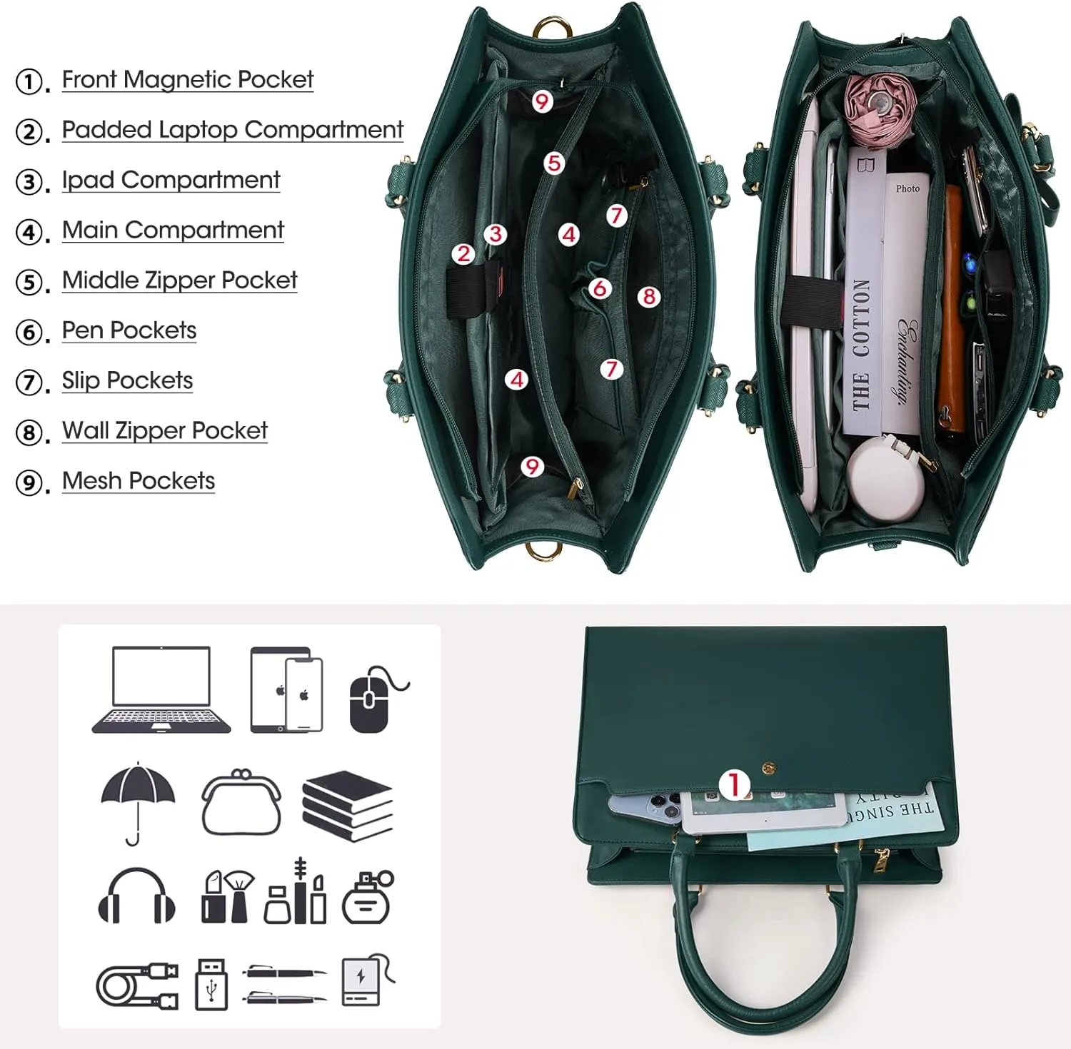 RAINSMORE Laptop Bag for Women 15.6 Inch Laptop Tote Bag Leather Work Bag Waterproof Womens Briefcase Business Office Computer Tote Bag Large Capacity Handbag Shoulder Bag Green