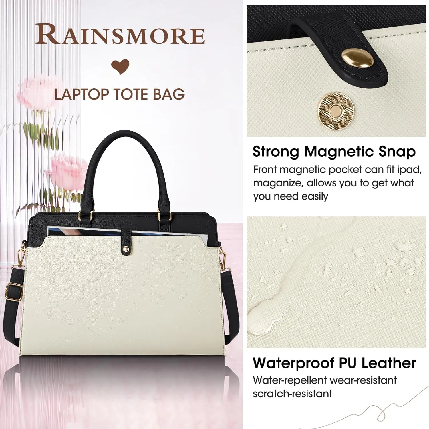 RAINSMORE Leather Laptop Tote for Women 15.6 Inch Waterproof Work Briefcase Business Office Computer Handbag Large Capacity Shoulder Bag, Beige and Black