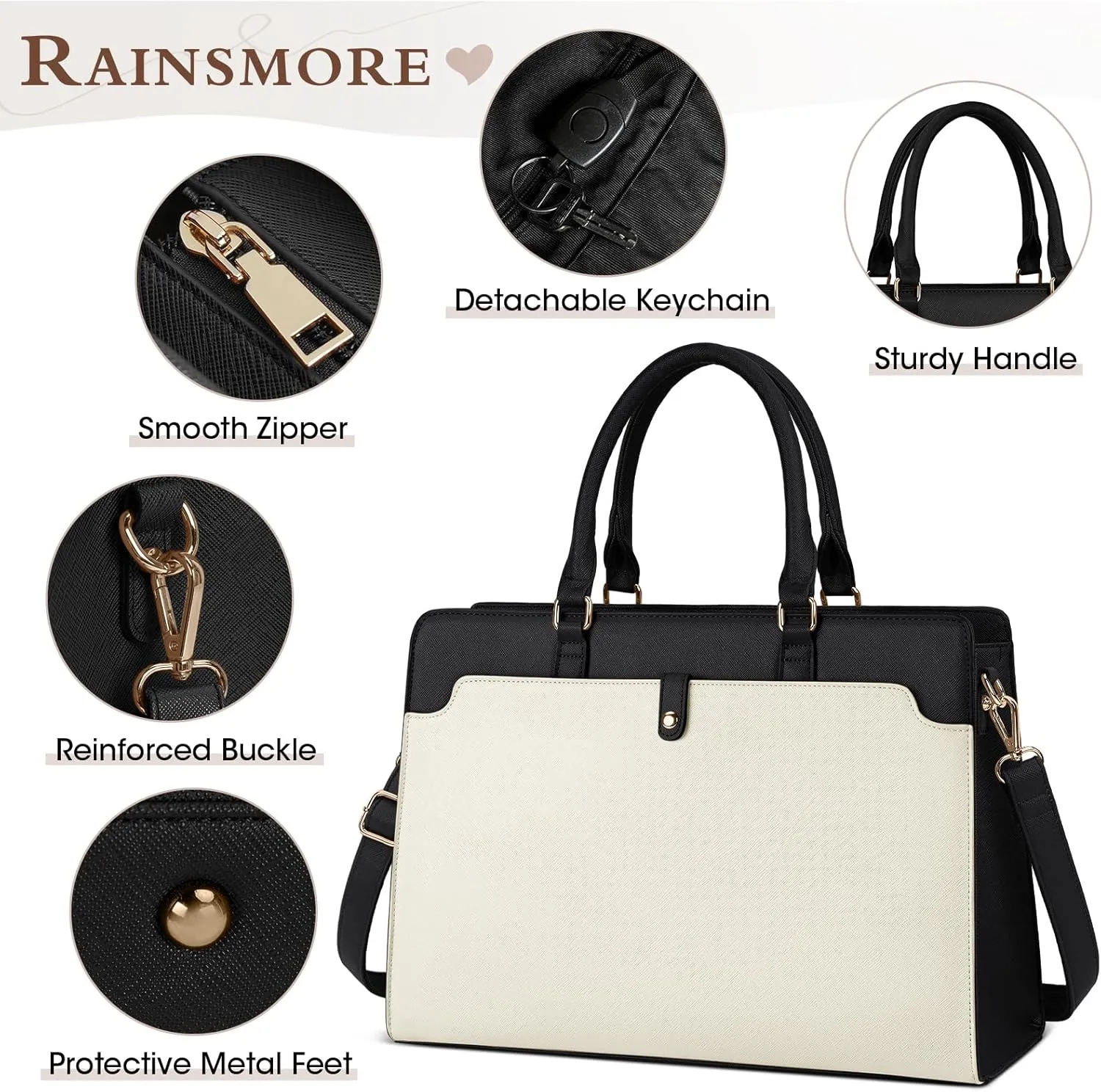 RAINSMORE Leather Laptop Tote for Women 15.6 Inch Waterproof Work Briefcase Business Office Computer Handbag Large Capacity Shoulder Bag, Beige and Black