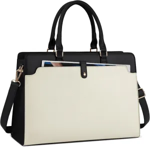 RAINSMORE Leather Laptop Tote for Women 15.6 Inch Waterproof Work Briefcase Business Office Computer Handbag Large Capacity Shoulder Bag, Beige and Black