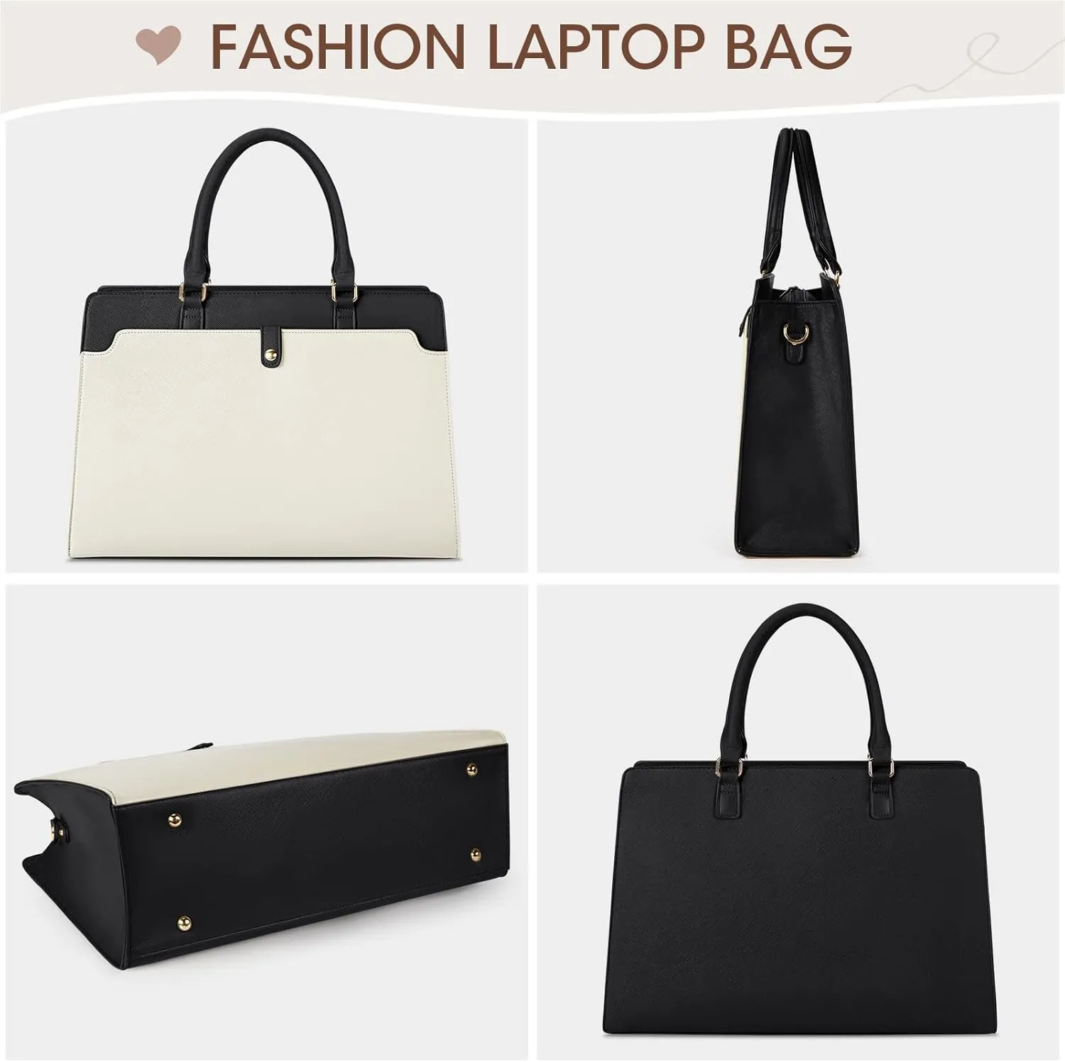 RAINSMORE Leather Laptop Tote for Women 15.6 Inch Waterproof Work Briefcase Business Office Computer Handbag Large Capacity Shoulder Bag, Beige and Black