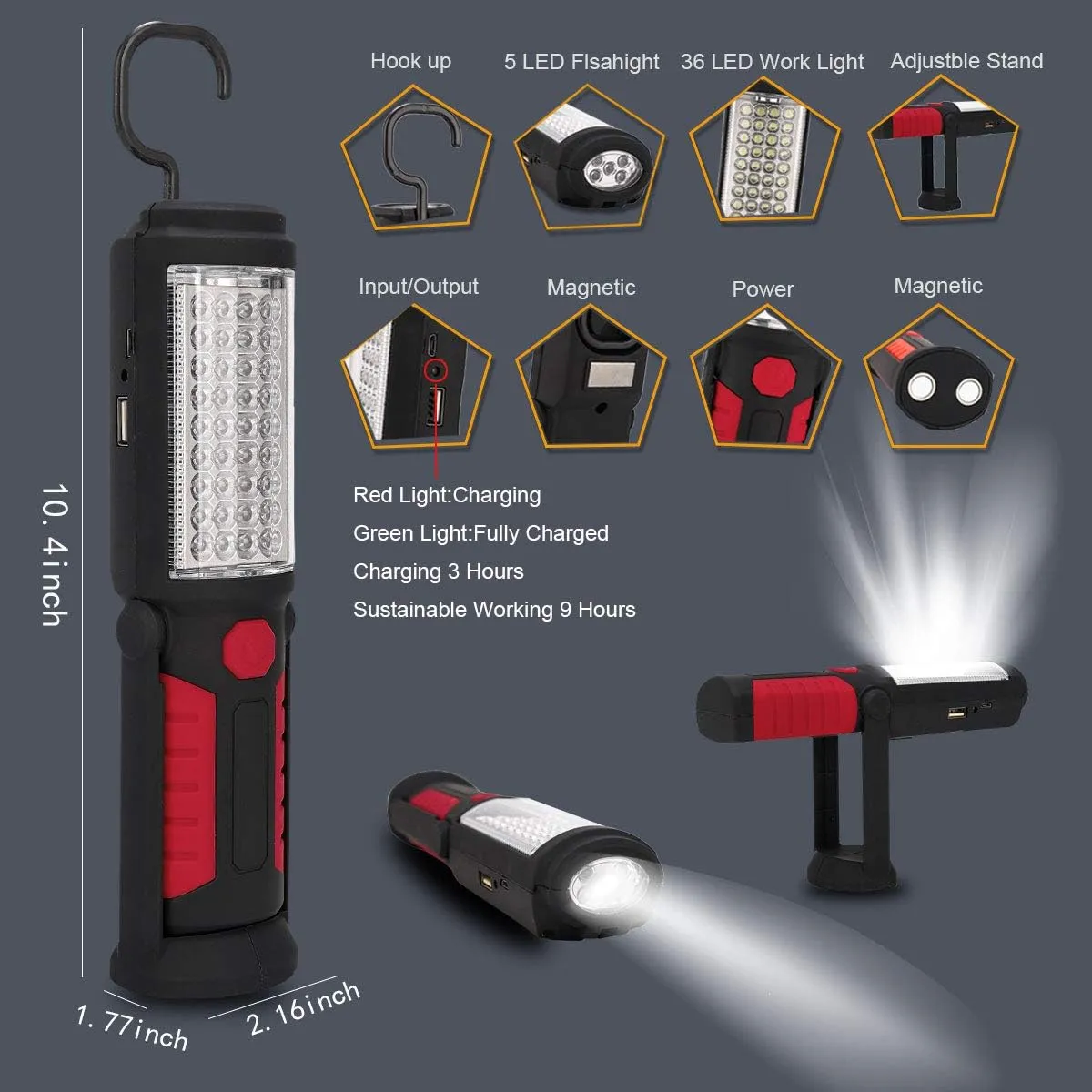 Rechargeable Work Light Portable LED Multi-use Magnetic Flashlight with Hanging Hook, Waterproof Work Flashlight for Car Repair Household Blackout and Emergency(Red)
