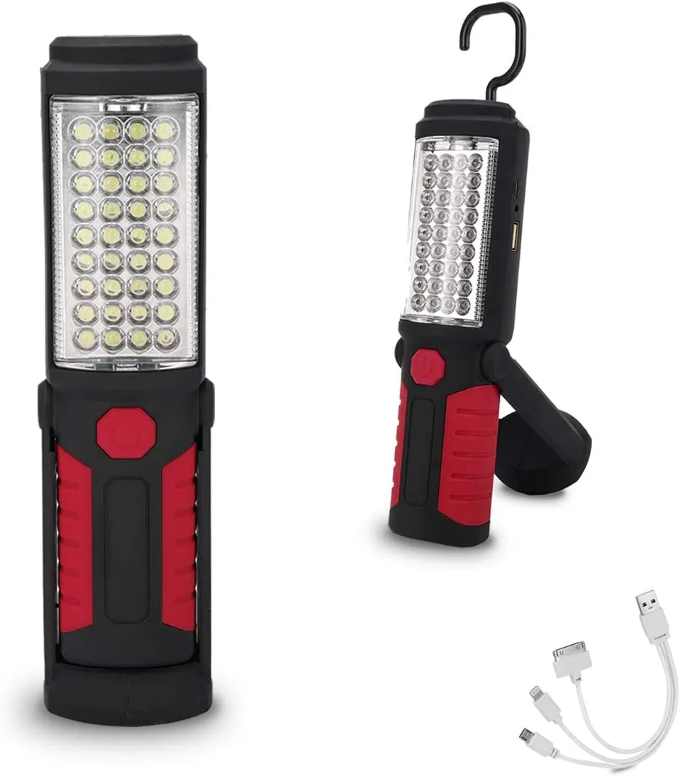 Rechargeable Work Light Portable LED Multi-use Magnetic Flashlight with Hanging Hook, Waterproof Work Flashlight for Car Repair Household Blackout and Emergency(Red)