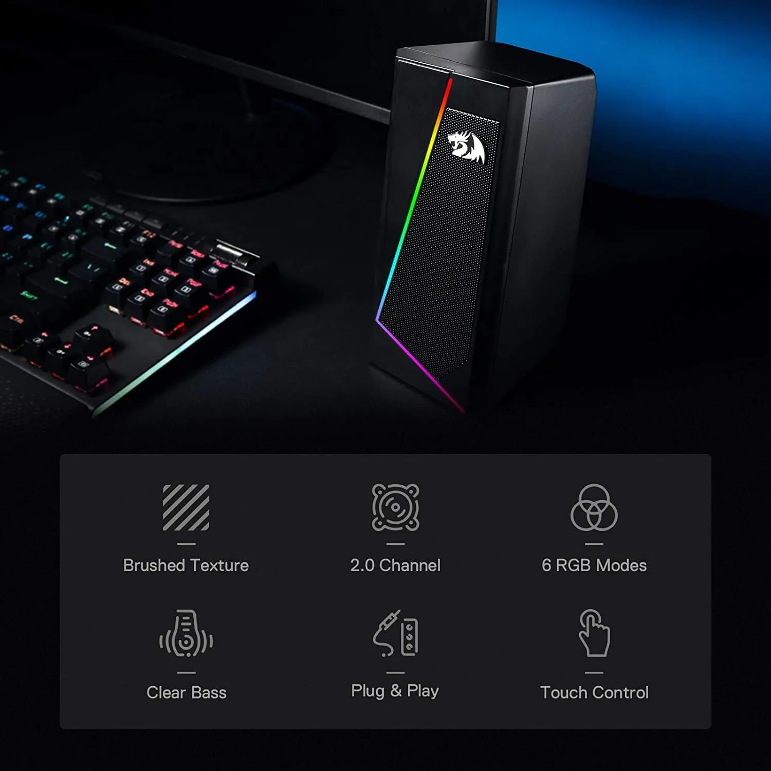 Redragon GS520 RGB Desktop Speakers, 2.0 Channel PC Computer Stereo Speaker with 6 Colorful LED Modes, Enhanced Sound and Easy-Access Volume Control, USB Powered w/ 3.5mm Cable