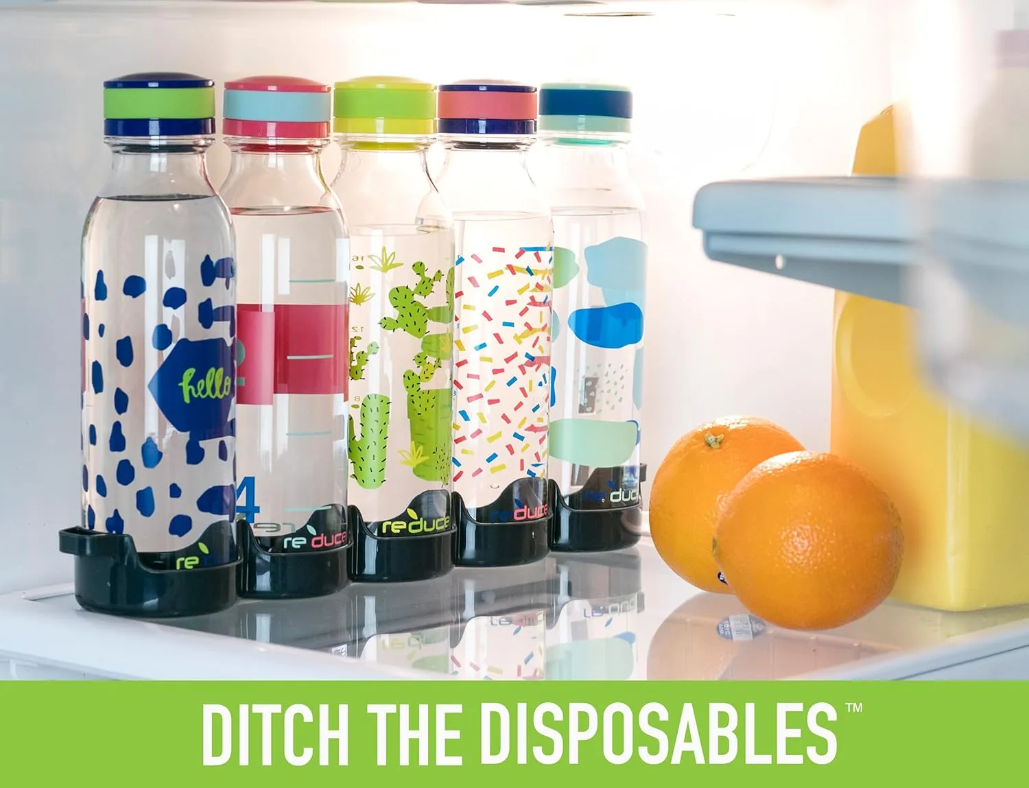 Reduce WaterWeek Reusable Water Bottle Set, 20oz – Plastic Reusable Water Bottle Set of 5, Plus Fridge Tray – BPA-Free, Leak Proof Twist Off Cap – You Go Girl