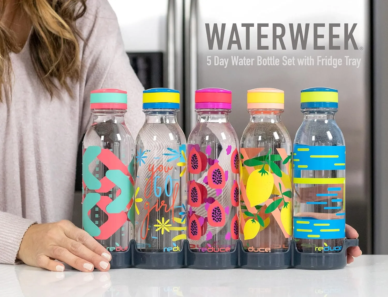 Reduce WaterWeek Reusable Water Bottle Set, 20oz – Plastic Reusable Water Bottle Set of 5, Plus Fridge Tray – BPA-Free, Leak Proof Twist Off Cap – You Go Girl