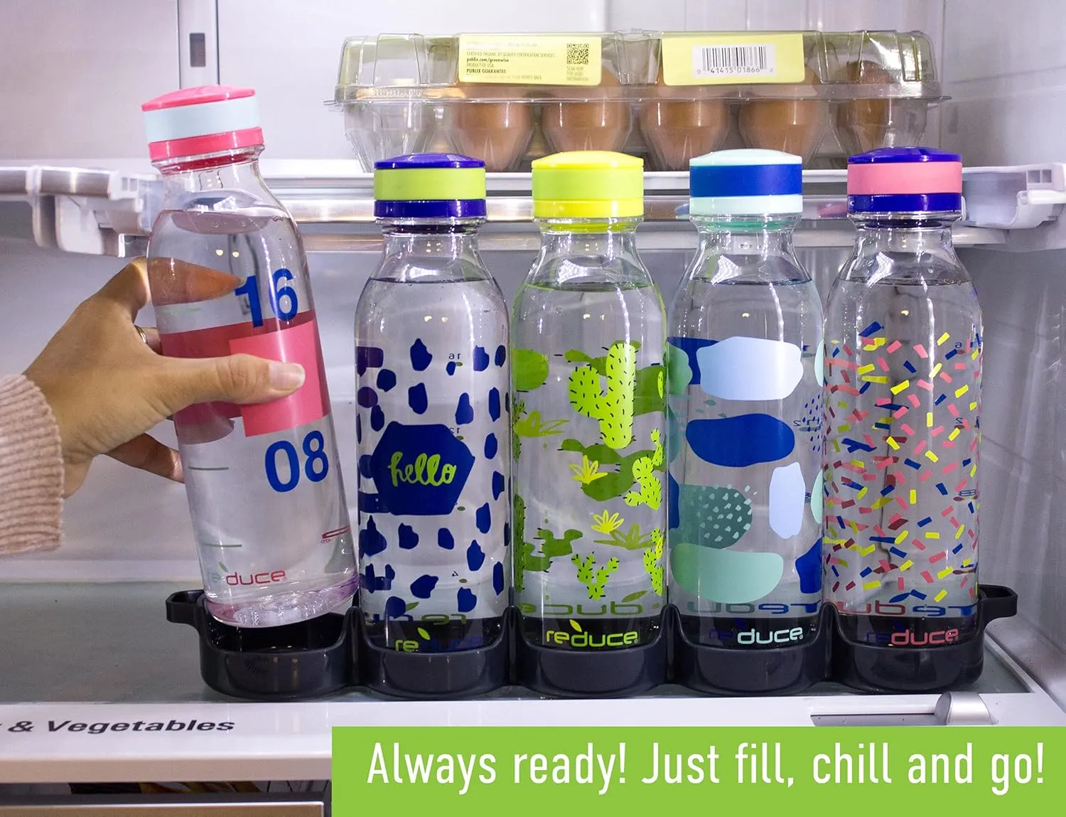 Reduce WaterWeek Reusable Water Bottle Set, 20oz – Plastic Reusable Water Bottle Set of 5, Plus Fridge Tray – BPA-Free, Leak Proof Twist Off Cap – You Go Girl