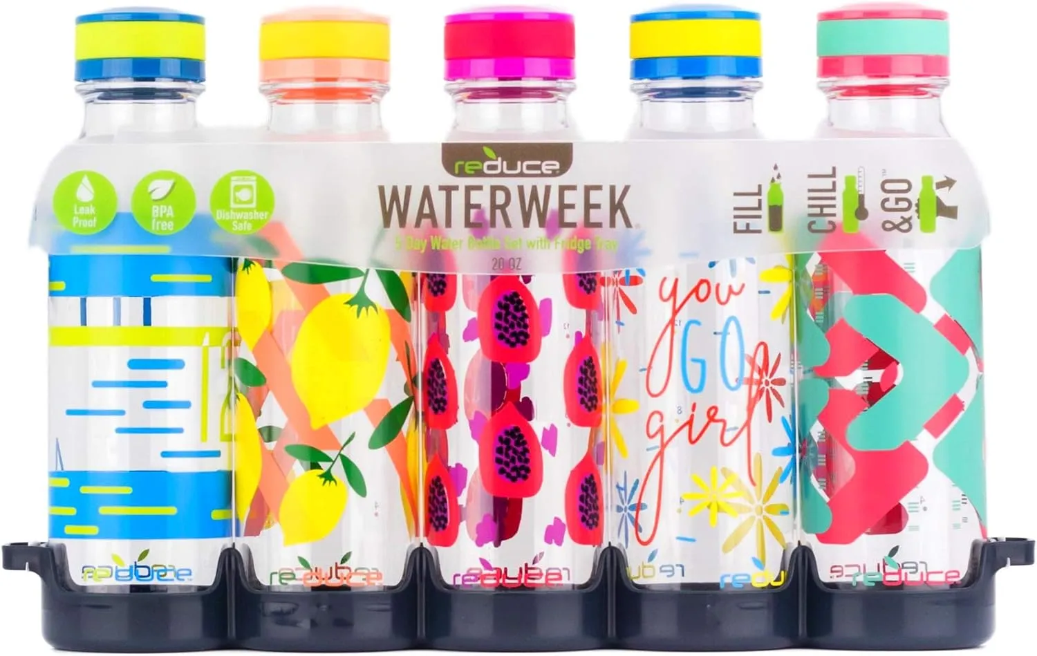 Reduce WaterWeek Reusable Water Bottle Set, 20oz – Plastic Reusable Water Bottle Set of 5, Plus Fridge Tray – BPA-Free, Leak Proof Twist Off Cap – You Go Girl