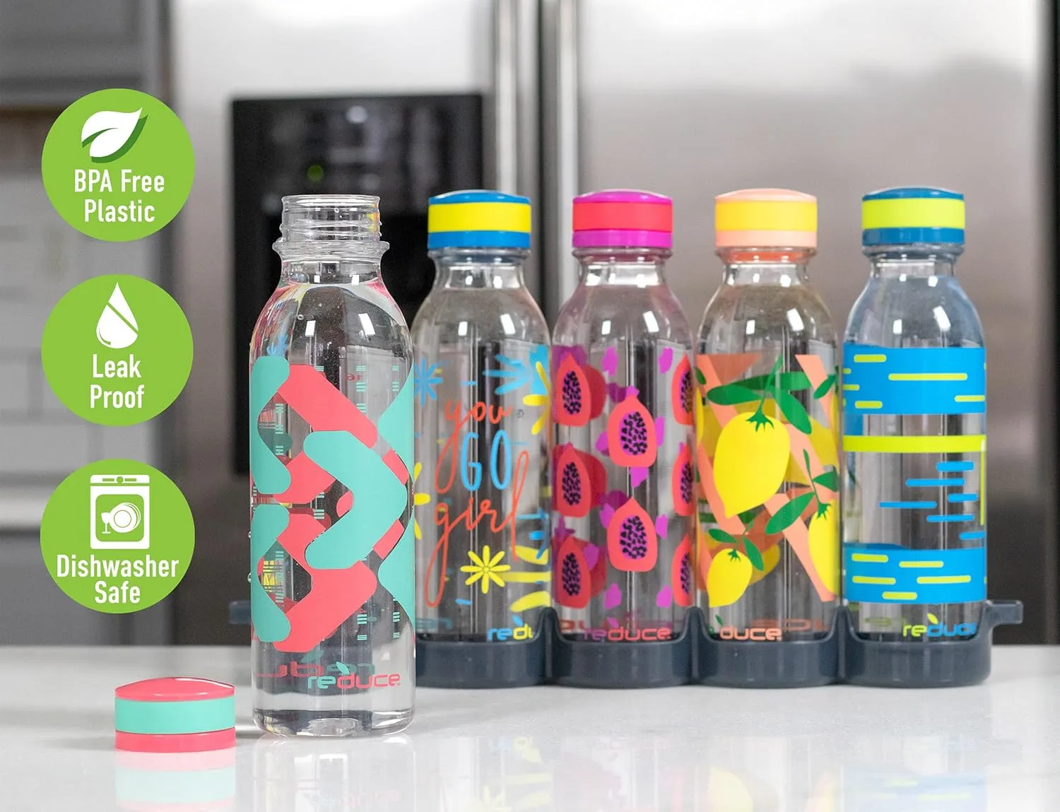 Reduce WaterWeek Reusable Water Bottle Set, 20oz – Plastic Reusable Water Bottle Set of 5, Plus Fridge Tray – BPA-Free, Leak Proof Twist Off Cap – You Go Girl