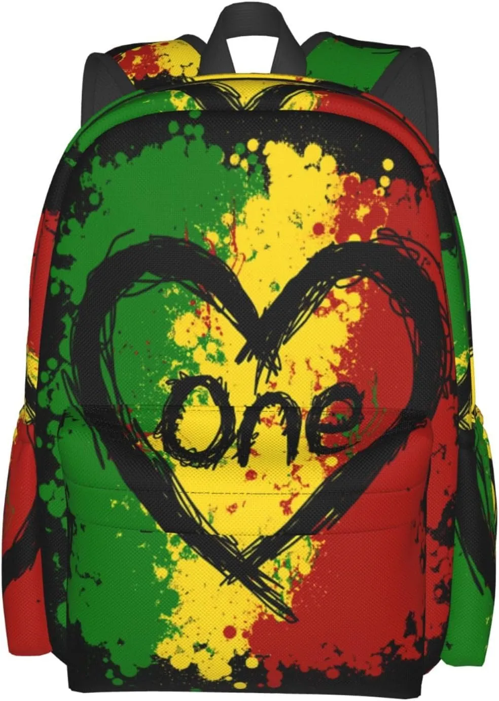 Reggae Heart One Loves Rasta Music Jamaica Casual Backpacks Large Travel Backpack Laptop Rucksack Sports Daypack Adjustable Strap Bag for Camping Hiking