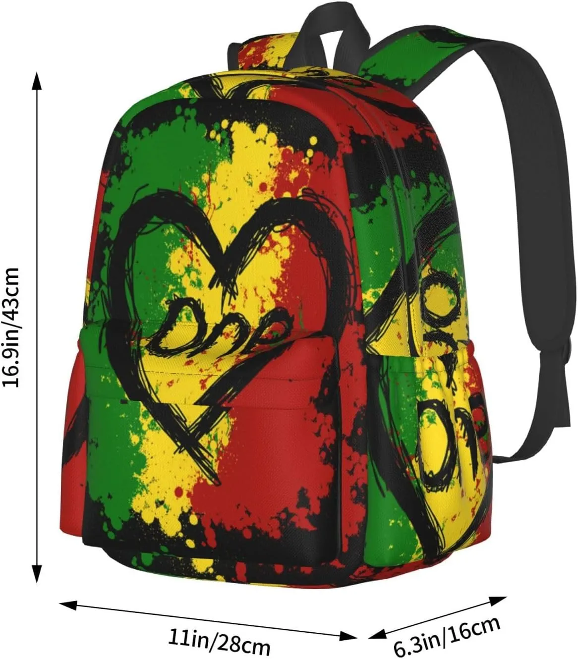 Reggae Heart One Loves Rasta Music Jamaica Casual Backpacks Large Travel Backpack Laptop Rucksack Sports Daypack Adjustable Strap Bag for Camping Hiking