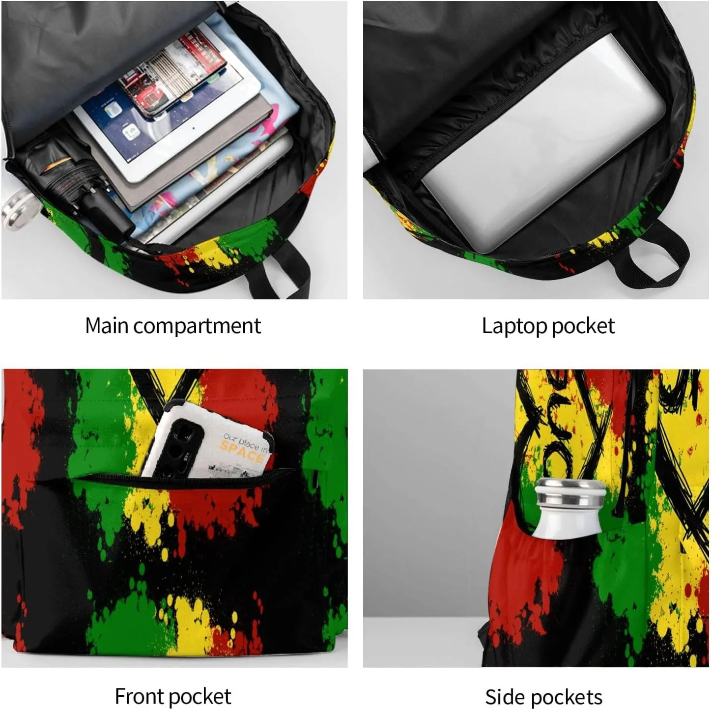 Reggae Heart One Loves Rasta Music Jamaica Casual Backpacks Large Travel Backpack Laptop Rucksack Sports Daypack Adjustable Strap Bag for Camping Hiking