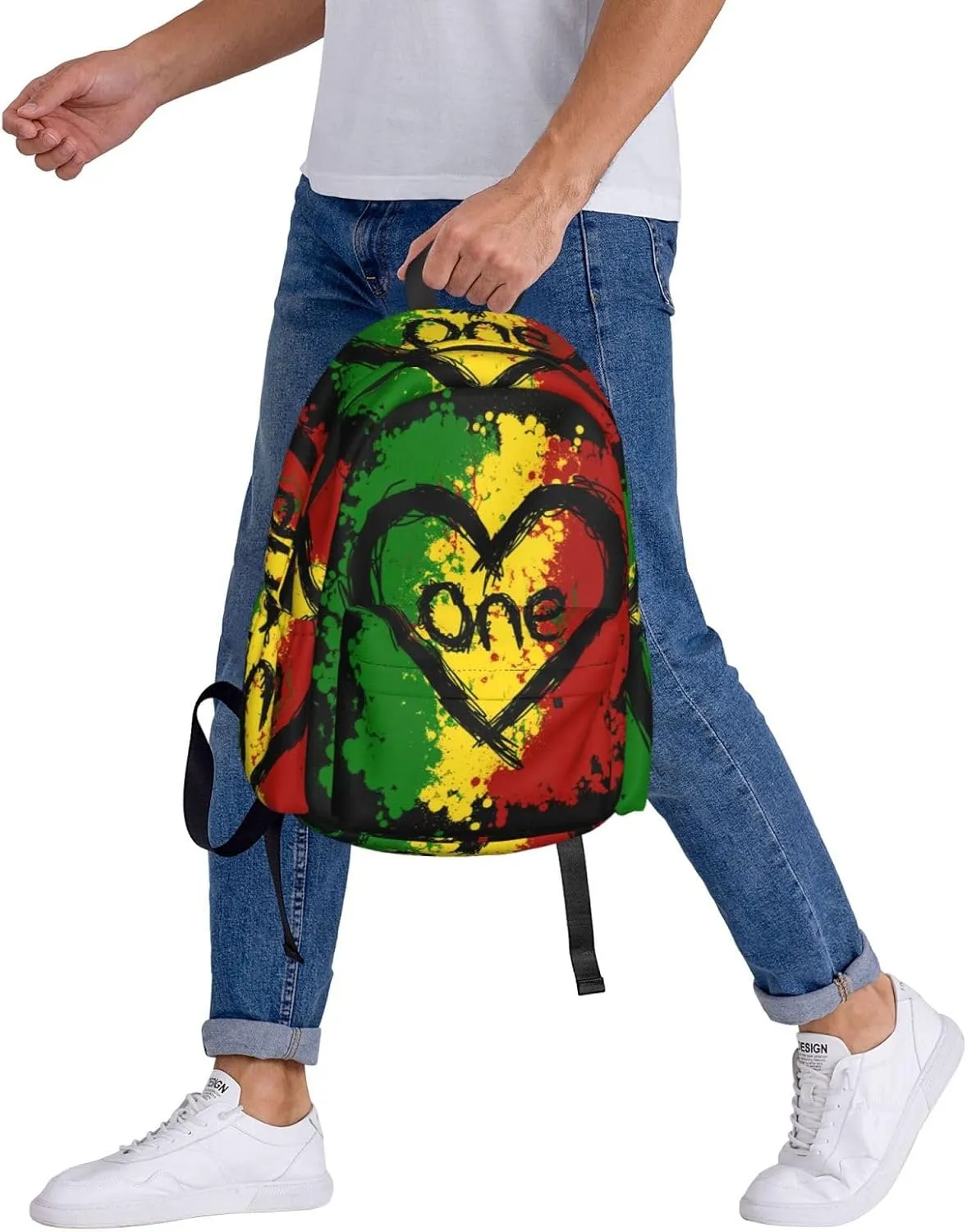 Reggae Heart One Loves Rasta Music Jamaica Casual Backpacks Large Travel Backpack Laptop Rucksack Sports Daypack Adjustable Strap Bag for Camping Hiking