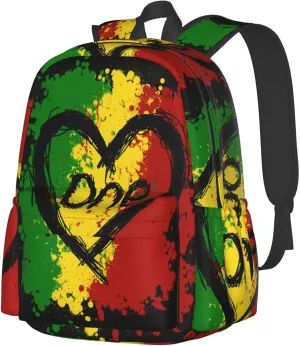 Reggae Heart One Loves Rasta Music Jamaica Casual Backpacks Large Travel Backpack Laptop Rucksack Sports Daypack Adjustable Strap Bag for Camping Hiking