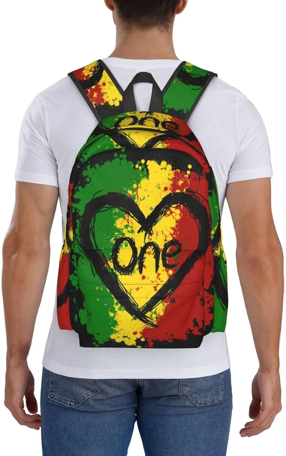 Reggae Heart One Loves Rasta Music Jamaica Casual Backpacks Large Travel Backpack Laptop Rucksack Sports Daypack Adjustable Strap Bag for Camping Hiking