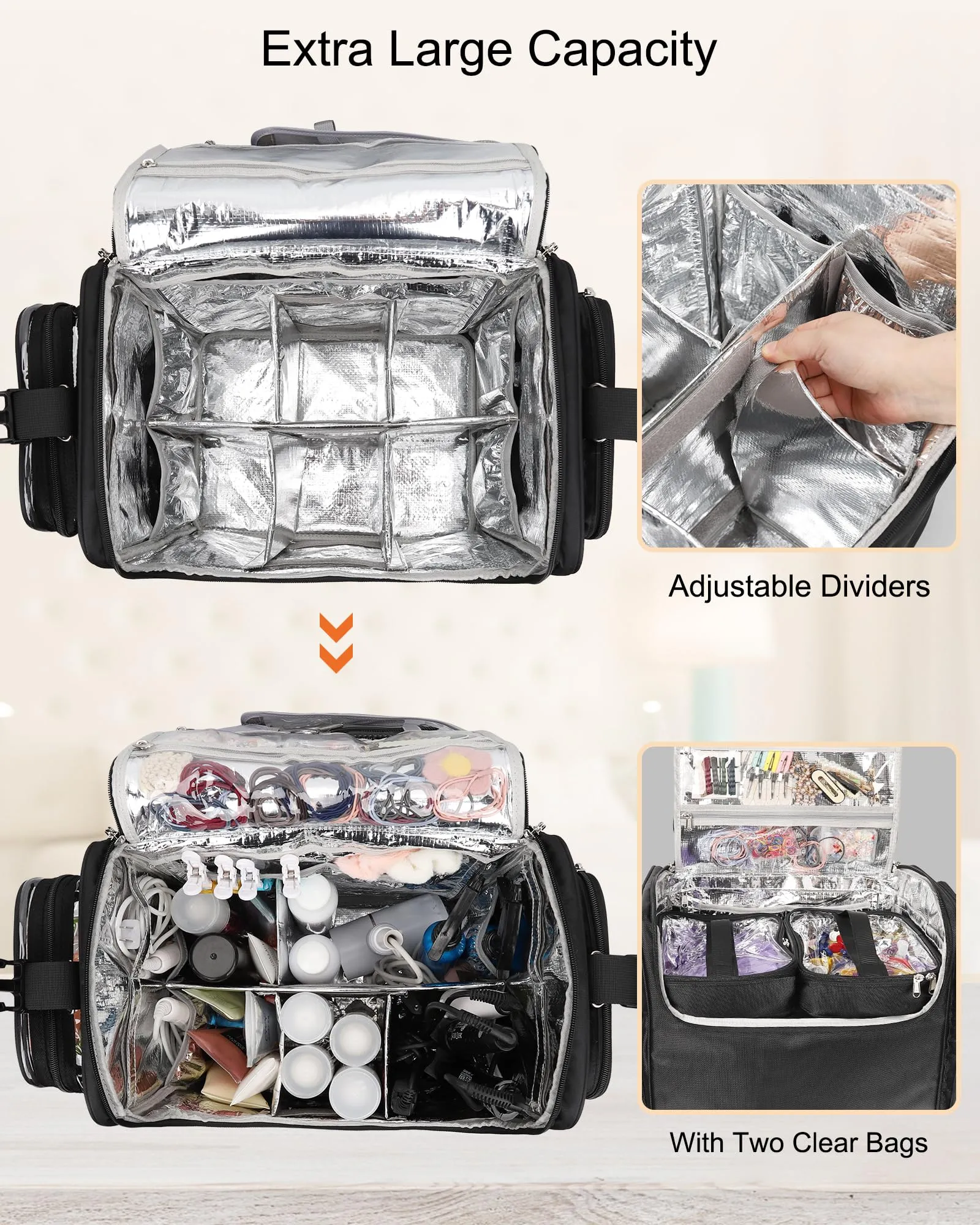 Relavel Rolling Makeup Train Case with 6 Pcs Clear Makeup Bags, Hairstylist Traveling Bag with 4 Wheels, Heat Insulation Full Layer, Adjustable Dividers, Hair Tools and Cosmetics Storage Organizer